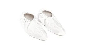 Shoes covered with white shoe covers