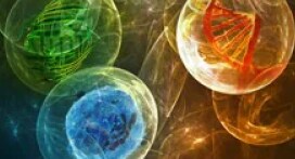 Colorful DNA strands float in bubbles.